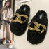 Fur Sandals Autumn Women Furry Wool Mule Slippers With Metal Chain